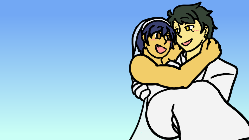 PK and Genbu in wedding attire